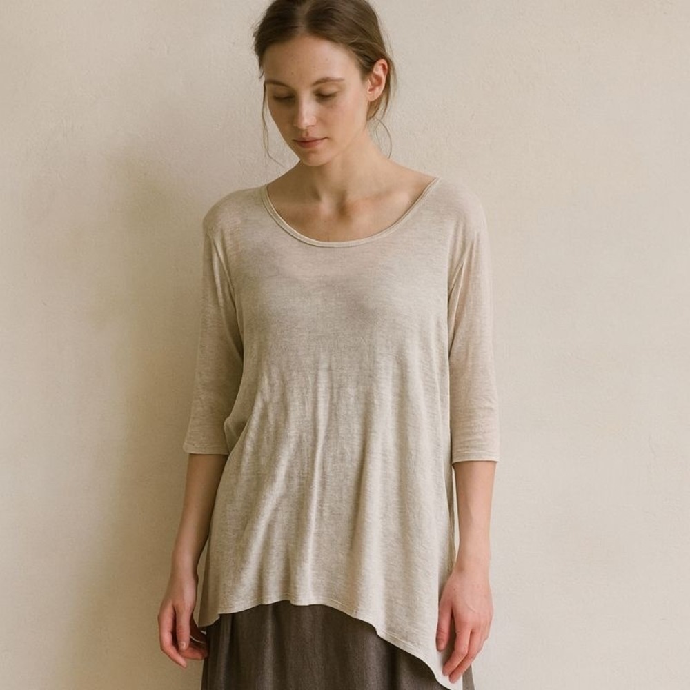 Vlas Blomme Top Womens 1 Small Linen Blend Knit 3/4‎ Sleeve Asymmetrical Beige